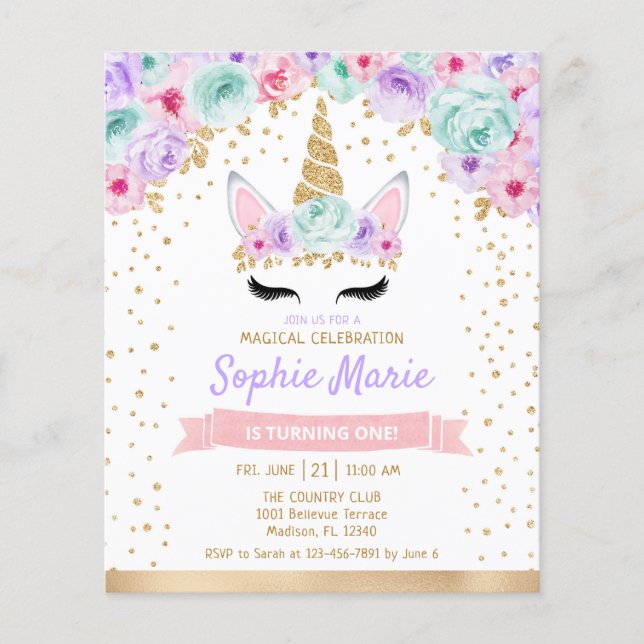 Budget Unicorn 1st Birthday Teal Lila Investigatio Flygblad (Framsidan)