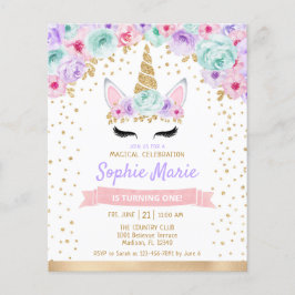 Budget Unicorn 1st Birthday Teal Lila Investigatio Flygblad