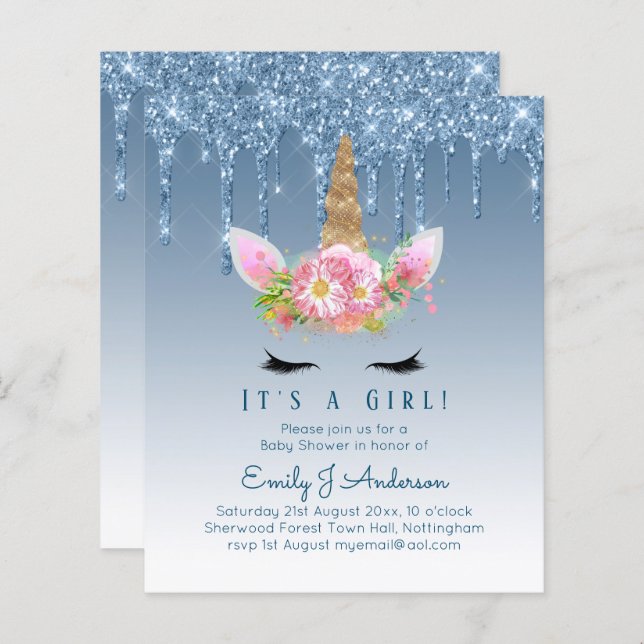 Budget Unicorn Baby Shower Blue Girls Cute (Fram/baksida)