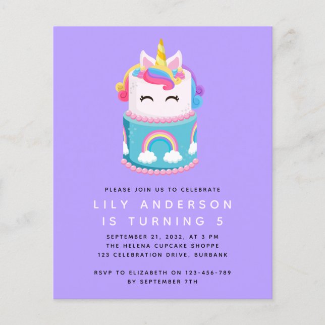 Budget Unicorn Cake Födelsedagsfest inbjudan (Framsida)
