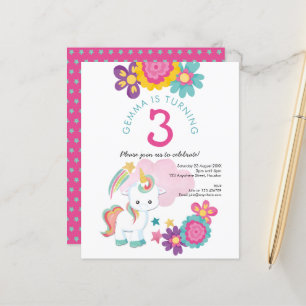 Budget Unicorn Girl 3:e födelsedagsinbjudan
