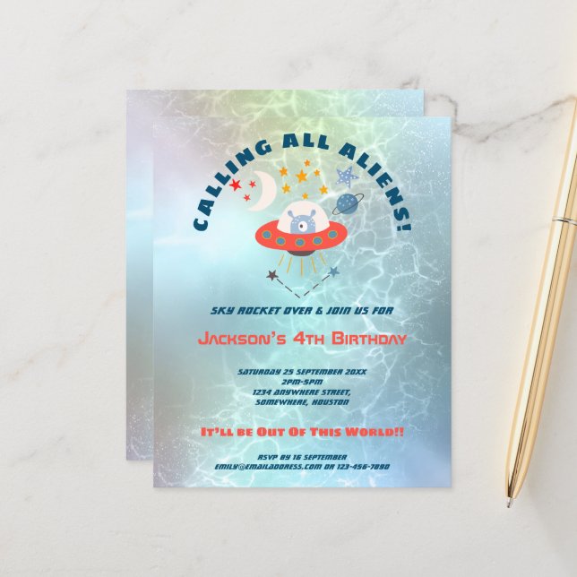 Budget Utomjordingar 4e födelsedagen-partiinbjudan (Fram/Back In Situ)