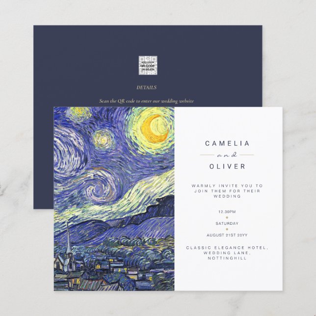 BUDGET Van Gough Starry Night Wedding bjudande QR (Fram/baksida)