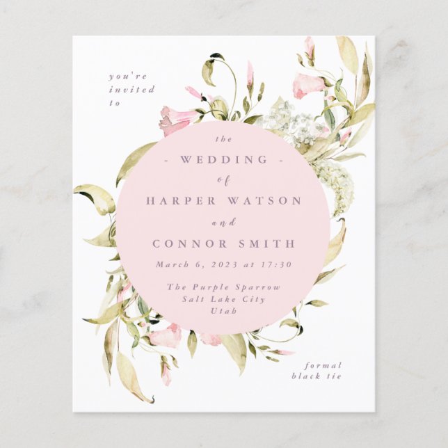 Budget Vår Wildblommor Watercolor Round Bröllop Flygblad (Framsidan)