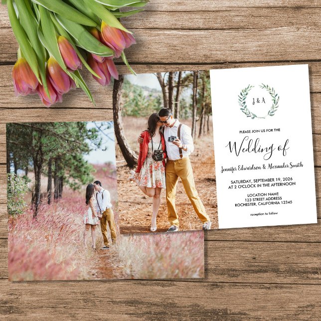 Budget vattenfärg blad monogram foto Bröllop Flygblad (Budget watercolor leaves monogram photo Wedding invitation Flyer. You can add your own photos.)