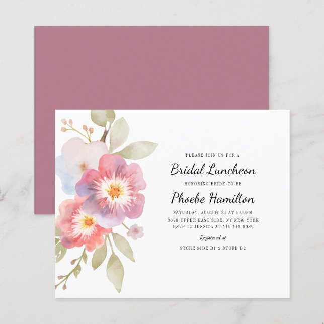 Budget vattenfärg blommande bröllopsbrunch inbjuda (Fram/baksida)