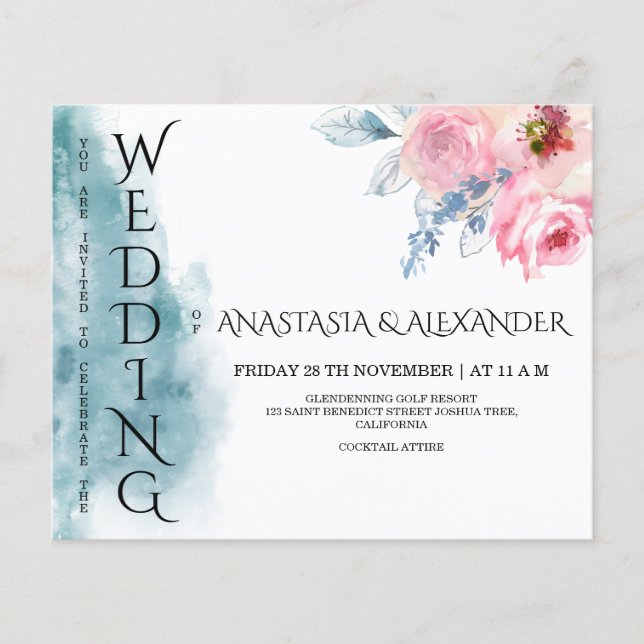 Budget vattenfärg bröllopsinbjudan. Flyer (Framsidan)