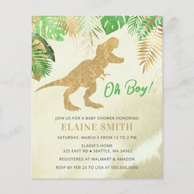 Budget vattenfärg dinosaurie baby shower inbjudan (Framsida)