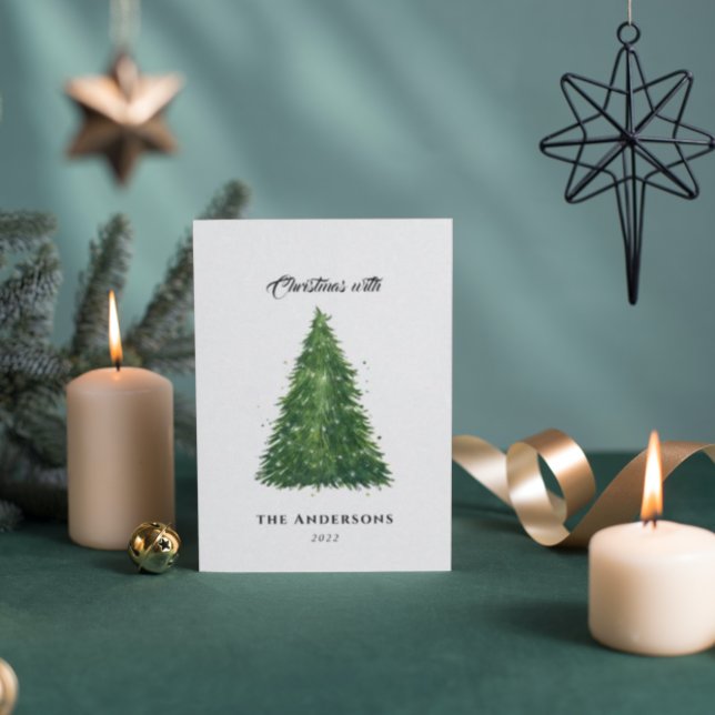 budget vattenfärgschristmas träd med helgdagar anteckningskort (Skapare uppladdad)