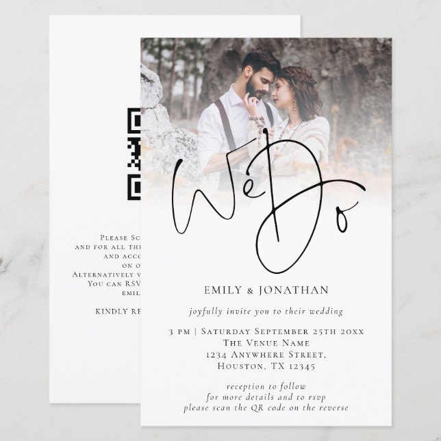 Budget Vi gör fotot QR-skriptbröllopsinbjudan för  (Fram/baksida)