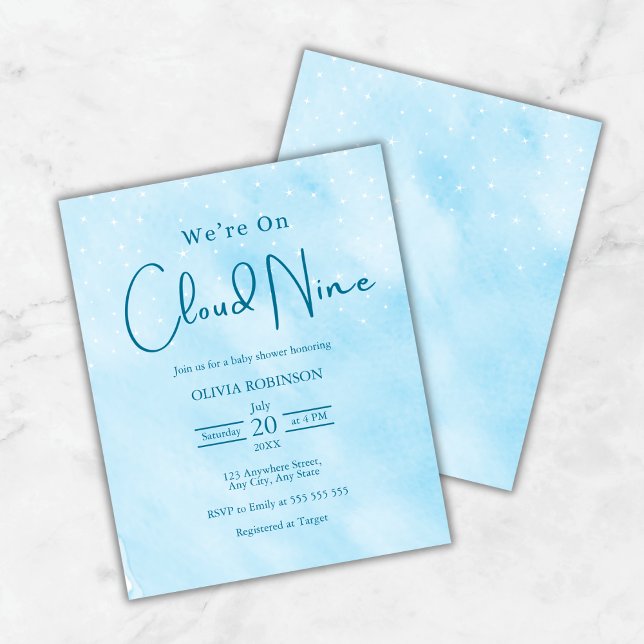 Budget vi har på Cloud Nine Boy Shower Inbjudan (Budget We're On Cloud 9 Dreamy Sky Blue Boy Baby Shower Invitation )