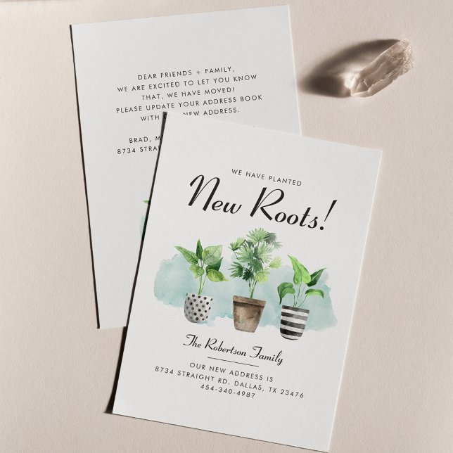 Budget Vi Har Planterat Nya Rötter Flyttmeddelande Flygblad (New Roots Plants Watercolor Moving Announcement)