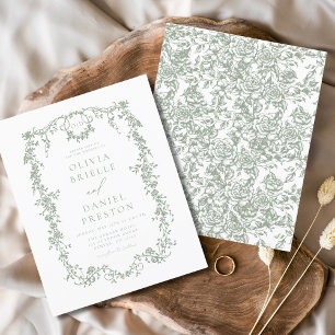 Budget Victorian Monogram Fransk Grönt Bröllop Flygblad