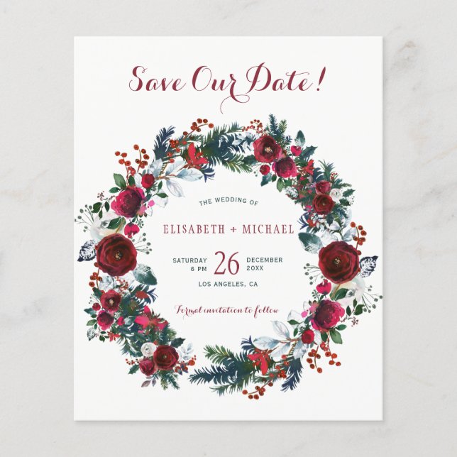BUDGET vinter blomsterkrans bröllop save the date (Framsida)