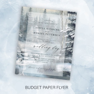 Budget vinter snö tallskog bröllopsinbjudan flygblad