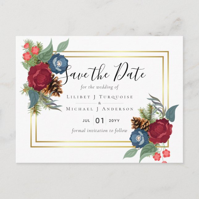 BUDGET Vinterbröllop Burgundy Teal Blå Modern Vykort (Framsida)