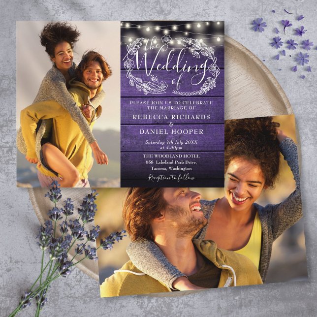 Budget Violetta Sladdljus 2 Foto Bröllopsinbjudan (Budget Purple String Lights 2 Photo Wedding Invite)