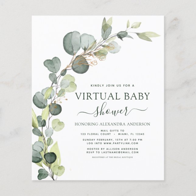 Budget Virtuell Baby Shower Greenery Eucalyptus Flygblad (Framsidan)
