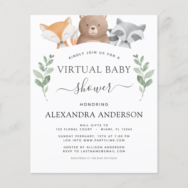 Budget Virtuell Baby Shower Woodland Eucalyptus Flygblad (Framsidan)