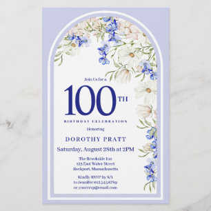 Budget Vit blå Blommigt 100 födelsedagar Inbjudan