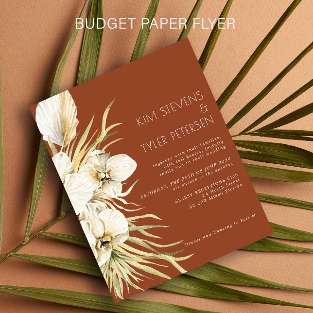 Budget, vit blommigt, modern boho-bröllopsinbjudan flygblad (Skapare uppladdad)