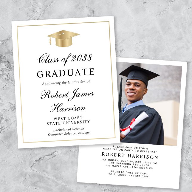 Budget Vit Guld Examen Invitation (An elegant college graduation party invitation to celebrate the graduate's achievements)