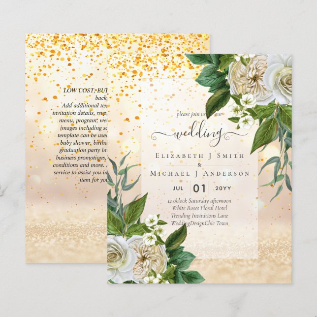 BUDGET VIT ROS-inbjudningar BRÖLLOP CHIC (Fram/baksida)