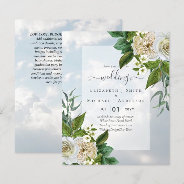 BUDGET VIT ROS-inbjudningar BRÖLLOP CHIC (Fram/baksida)