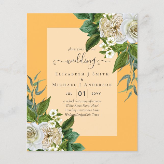 BUDGET VIT ROS-inbjudningar BRÖLLOP CHIC Flygblad (Framsidan)