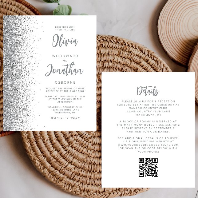 Budget Vit Silver Glitter QR-kod Bröllopsinbjudan (Skapare uppladdad)