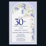 Budget Vita blå Blommigten 30års födelsedag Inbjud<br><div class="desc">Elegant 30års födelsedag Party-inbjudan innehåller en Boho-blommigt som är gjord av vita daisy och blåa vilda blommor. Det här objektet är en del av Boho Arch Blue and White Blommigt Collection.</div>