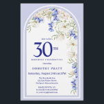 Budget Vita blå Blommigten 30års födelsedag Inbjud<br><div class="desc">Elegant 30års födelsedag Party-inbjudan innehåller en Boho-blommigt som är gjord av vita daisy och blåa vilda blommor. Det här objektet är en del av Boho Arch Blue and White Blommigt Collection.</div>