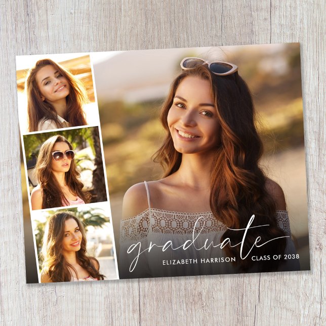 Budget Vita manusfoto examensannonsering (Budget White Script Photo Graduation Announcement)