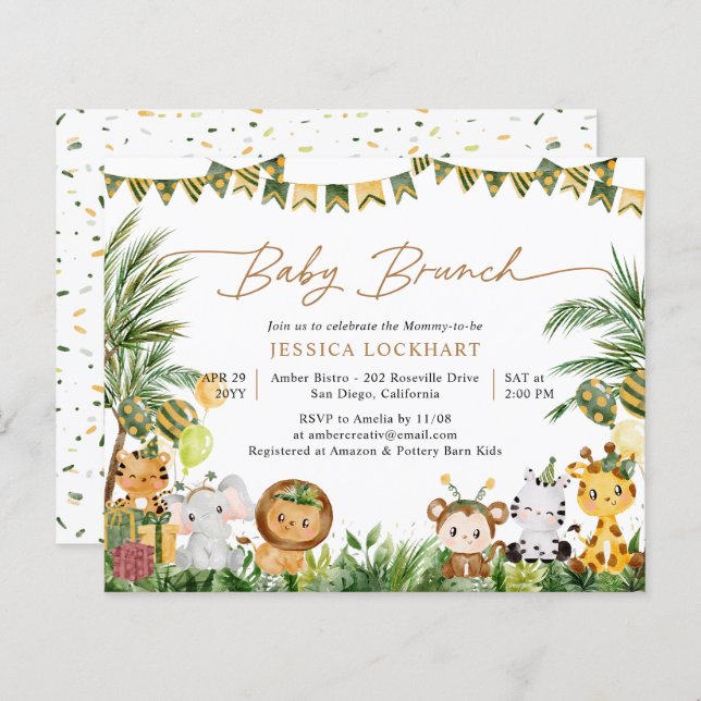 Budget Watercolor Animals Baby Brunch-inbjudan (Fram/baksida)