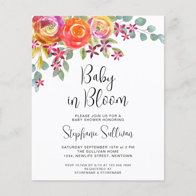 Budget Watercolor Autumn Blommigt Baby Shower Inbj (Framsida)