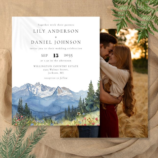 Budget Watercolor Berg Foto Bröllopsinbjudan (Budget Watercolor Mountain Photo Wedding Invite)