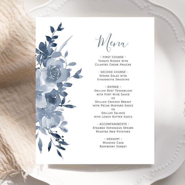 Budget Watercolor Blommig Dusty Blue Bröllopsmeny (Skapare uppladdad)