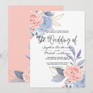 Budget Watercolor Blommigt Guld Blue & Rosa bröllo Inbjudningar