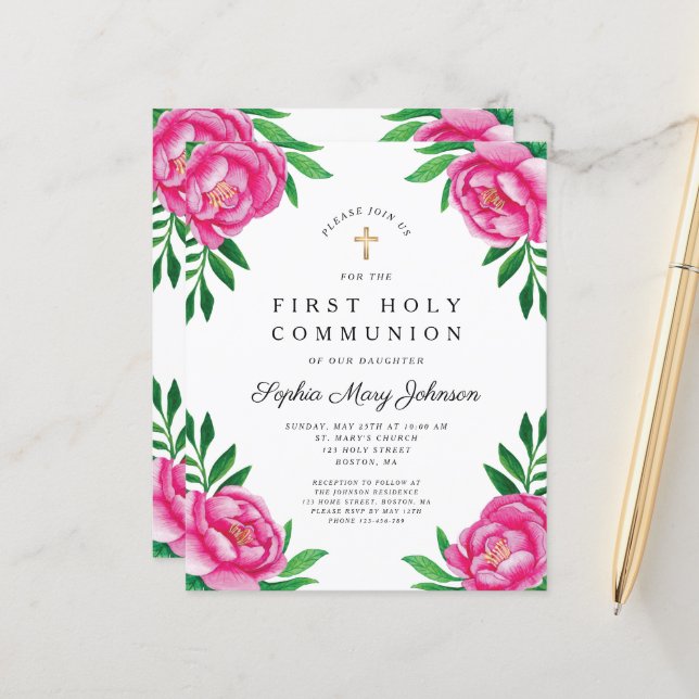 Budget Watercolor Blommigt Peonies First Communion (Fram/Back In Situ)