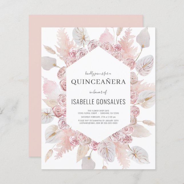Budget Watercolor Boho QUINCEAÑERA-inbjudan (Fram/baksida)