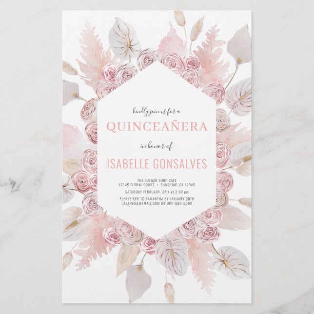Budget Watercolor Boho QUINCEAÑERA-inbjudan Flygblad (Framsidan)