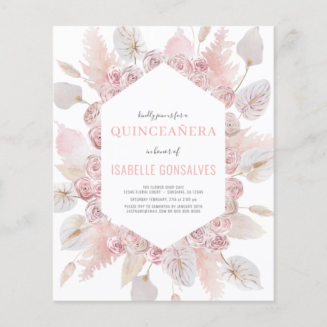 Budget Watercolor Boho QUINCEAÑERA-inbjudan Flygblad (Framsidan)