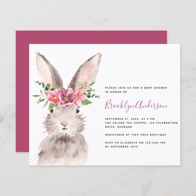 BUDGET Watercolor Bunny Baby Shower-inbjudan (Fram/baksida)