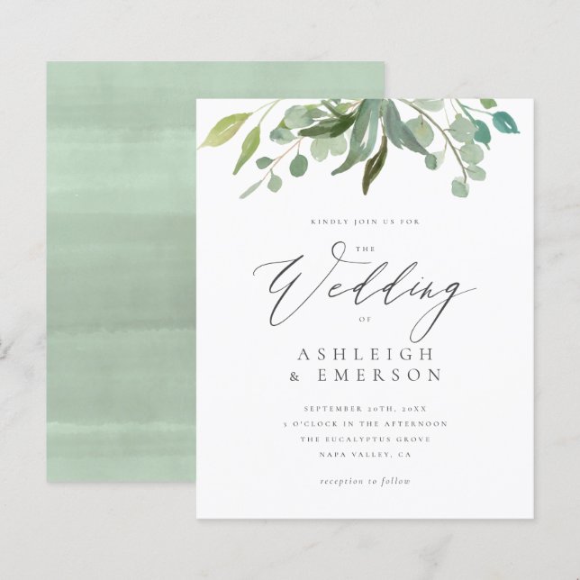 Budget Watercolor Eucalyptus Greenery Bröllop (Fram/baksida)