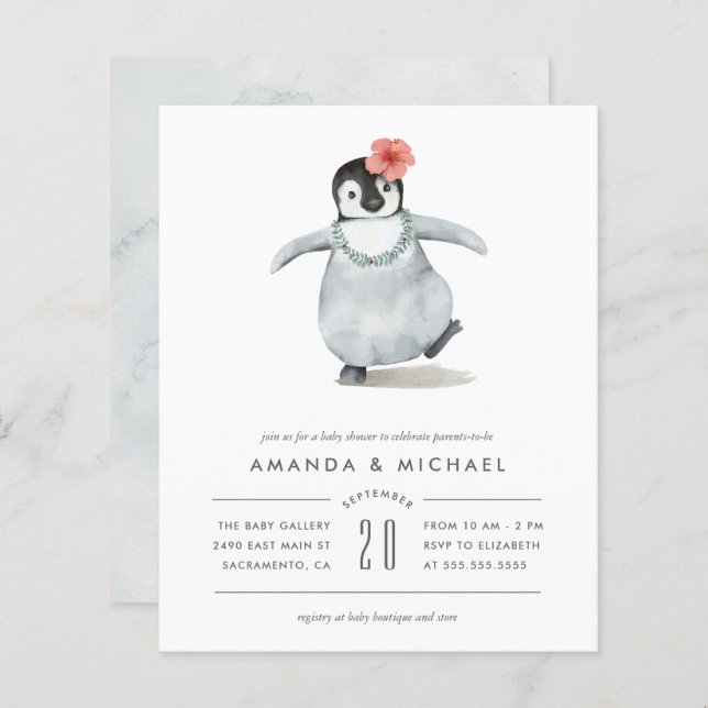 Budget Watercolor Flicka Penguin Baby Shower (Fram/baksida)