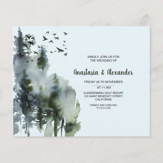 Budget-/Watercolor Forest Wedding-inbjudan. Flygblad (Framsidan)