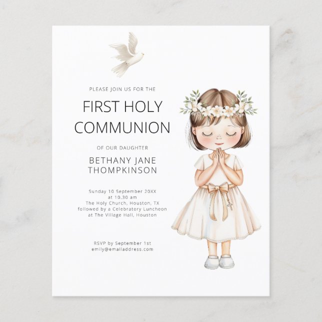 Budget Watercolor Girl First Heliga Communion Whit (Framsida)