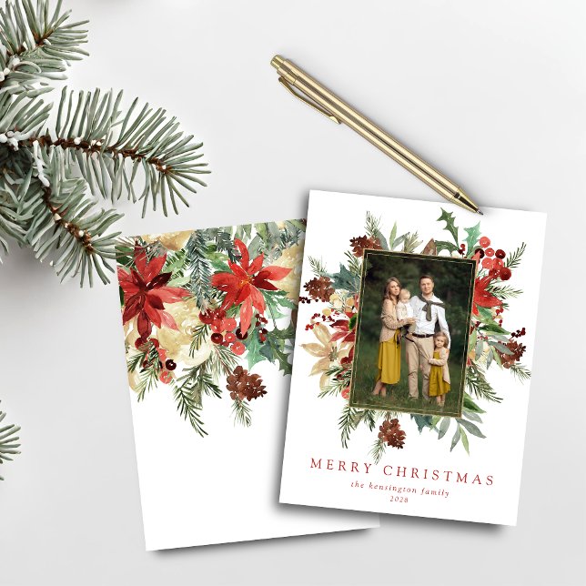 Budget Watercolor Gräs Guld, julfoto (Budget Watercolor Pine Gold Christmas Photo Card)
