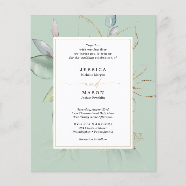 Budget Watercolor Greenery Sage och Guld Bröllop F Flygblad (Framsidan)