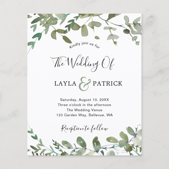 Budget Watercolor Greenery Wedding bjudande Flygblad (Framsidan)